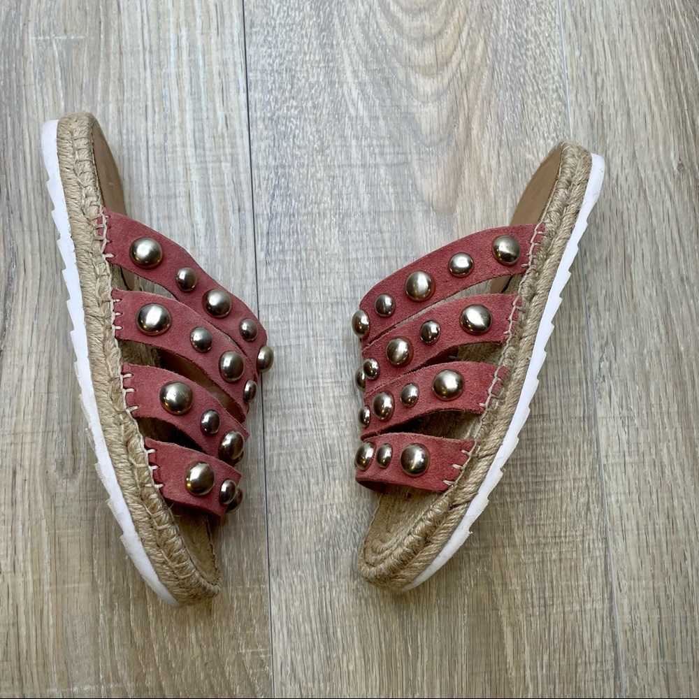 MARC FISHER Brandie silver stud espadrilles sandals in blush pink suede